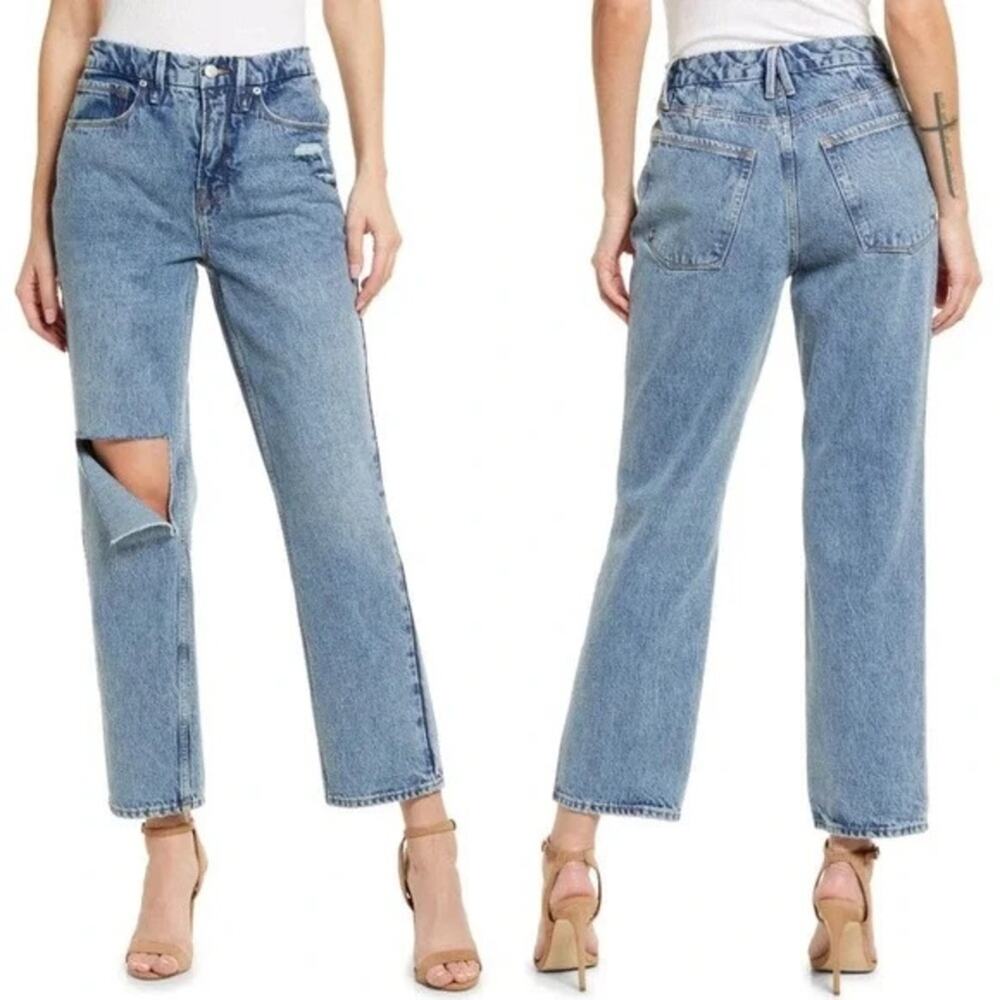 Good American 90’s Duster Blue 950 Straight Leg Distressed High Rise Jeans 14/32